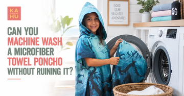 Microfiber towel poncho going into a washing machine on a cold cycle